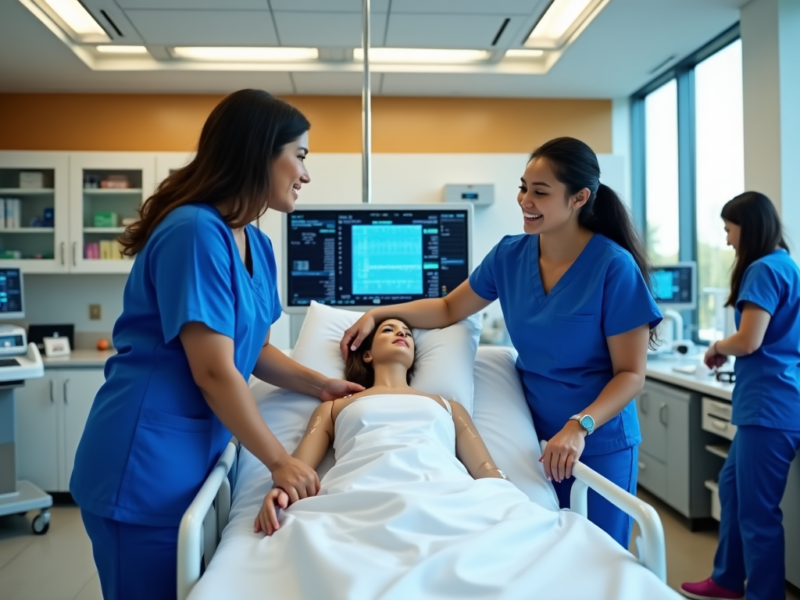 Nursing students in blue scrubs practicing patient care in a modern medical simulation lab with advanced equipment