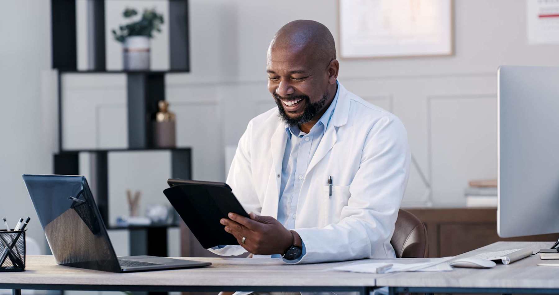 Health informatics professional working in an office