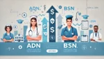 Banner comparing ADN and BSN nursing career opportunities and salaries, featuring two nurses with diplomas and graduation caps, upward arrows, dollar signs, and healthcare icons like stethoscopes, in a modern blue and white design