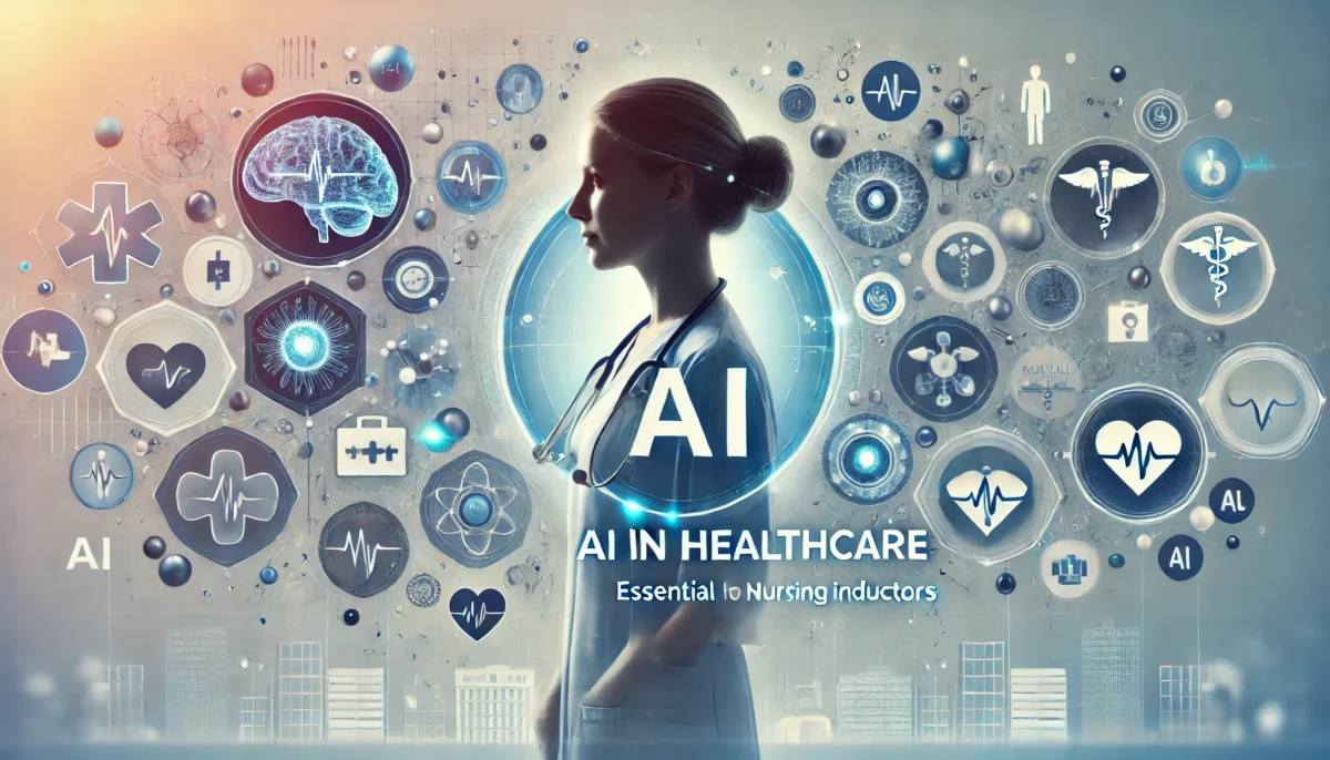 Banner showcasing AI in healthcare with a nurse silhouette, futuristic AI icons, and medical imagery, titled "AI in Healthcare: Essential Knowledge for Nursing Instructors."