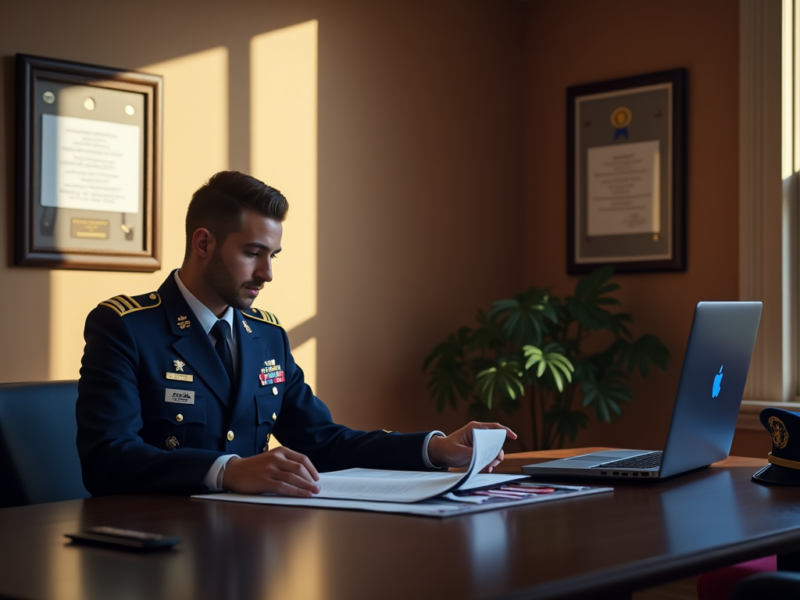 A military service member studying online using a laptop, highlighting the accessibility and flexibility of online education for those serving in the armed forces