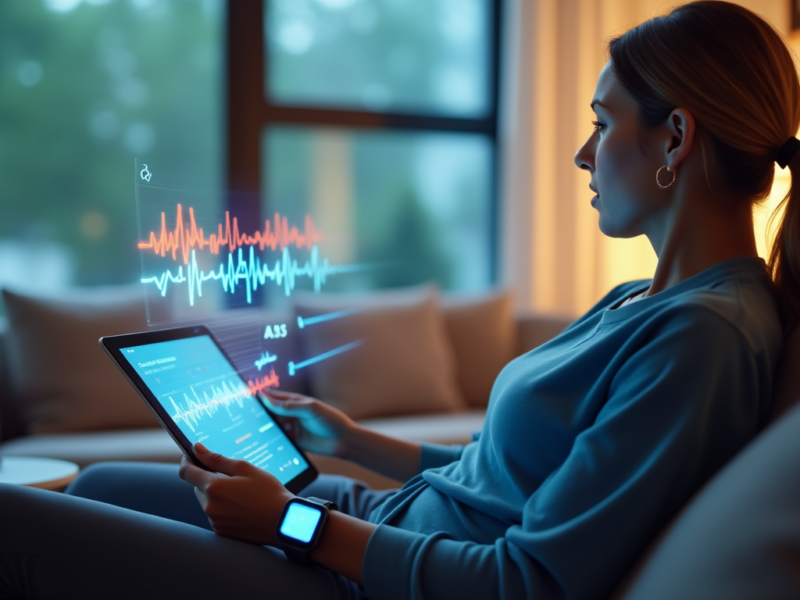 A woman using a tablet and smartwatch to monitor real-time health data with advanced remote patient monitoring technology