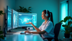 A telehealth nurse conducting a virtual consultation using multiple screens displaying medical data and patient records