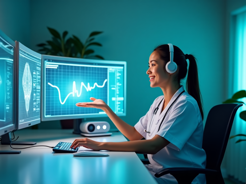 A telehealth nurse conducting a virtual consultation using multiple screens displaying medical data and patient records