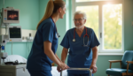 A Patient Care Technician (PCT) assisting a patient in a hospital setting, showcasing their role in providing basic patient care and supporting healthcare professionals